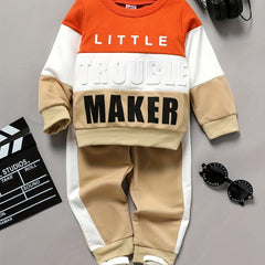 Boy 2pcs Sweatshirt & Pants LITTLE TROUBLE MAKER Print Crew Neck Long Sleeve