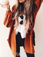  Solid Lantern Sleeve Open Front Knit Cardigan