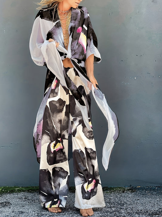 Floral Print V Neck Tie Front Beachwear Kimono Cover Up & Pants