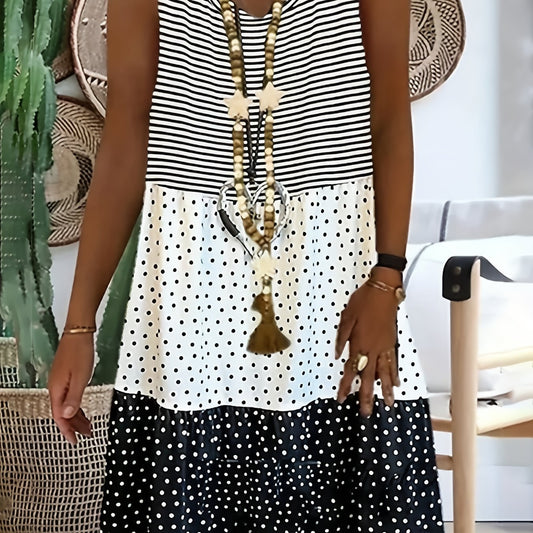  Colorblock Pin Dots & Stripe Print Tank Dress
