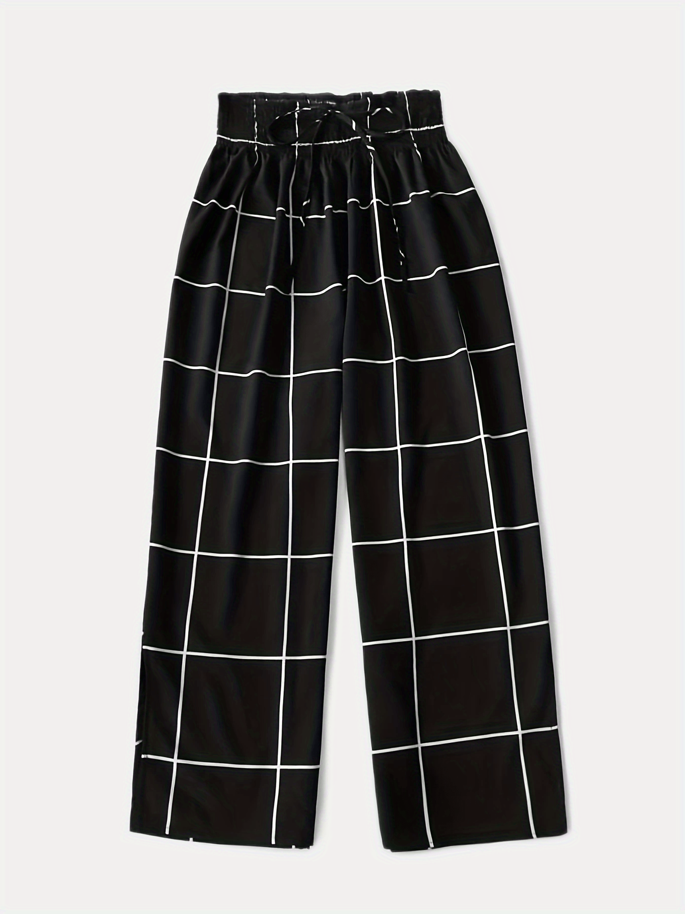  Grid Print Drawstring Wide Leg Trousers