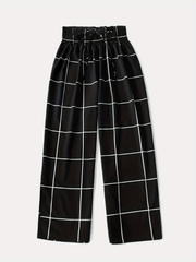 Grid Print Drawstring Wide Leg Trousers