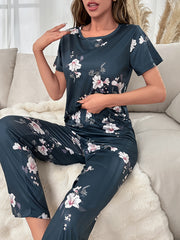 Floral Print Pajama Set Short Sleeve Crew Neck Top & Elastic Waistband Pants