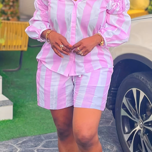 Women's Plus Stripe Off Shoulder Top & Shorts Set