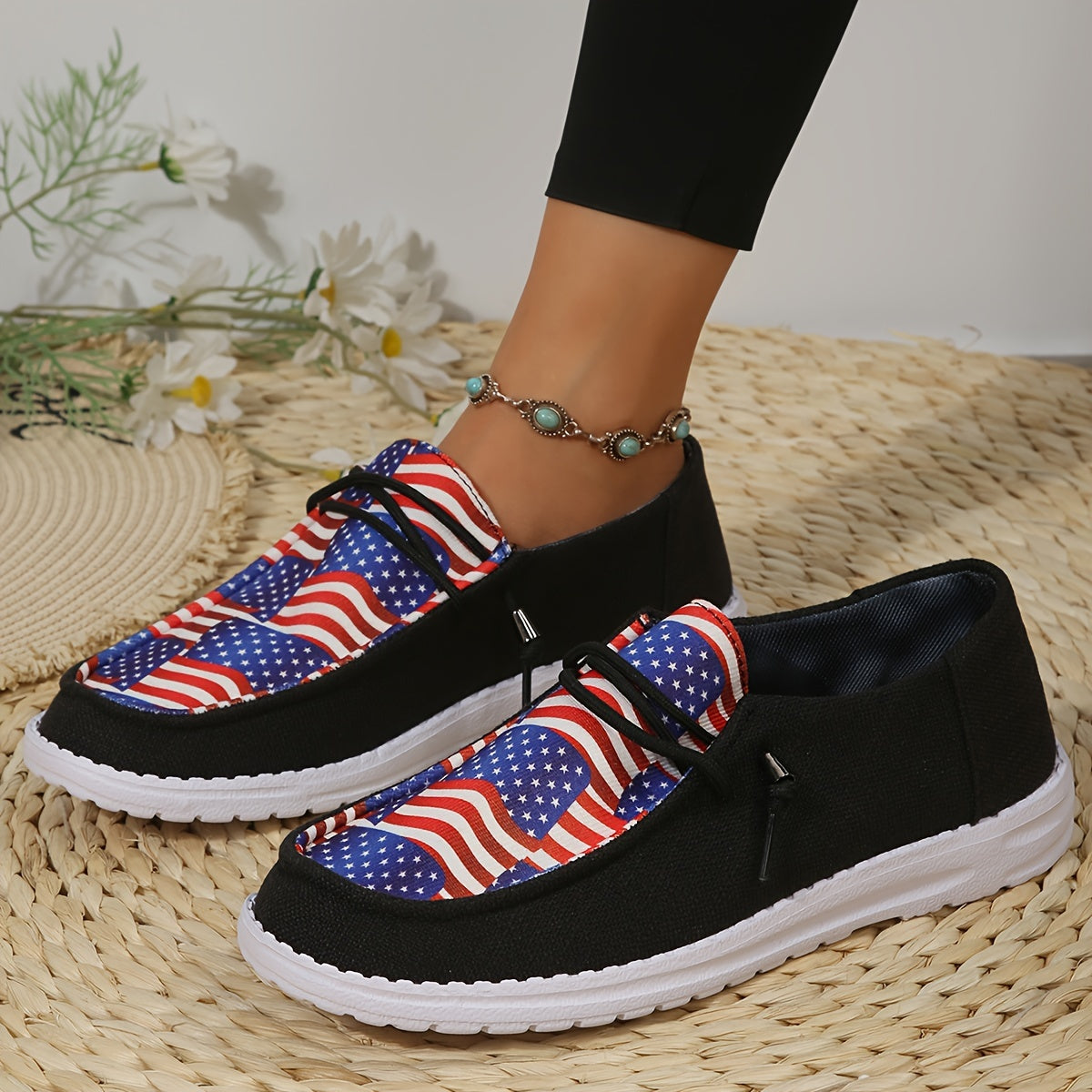 Flag Pattern Low Lace Up Flat Canvas Shoes for Women