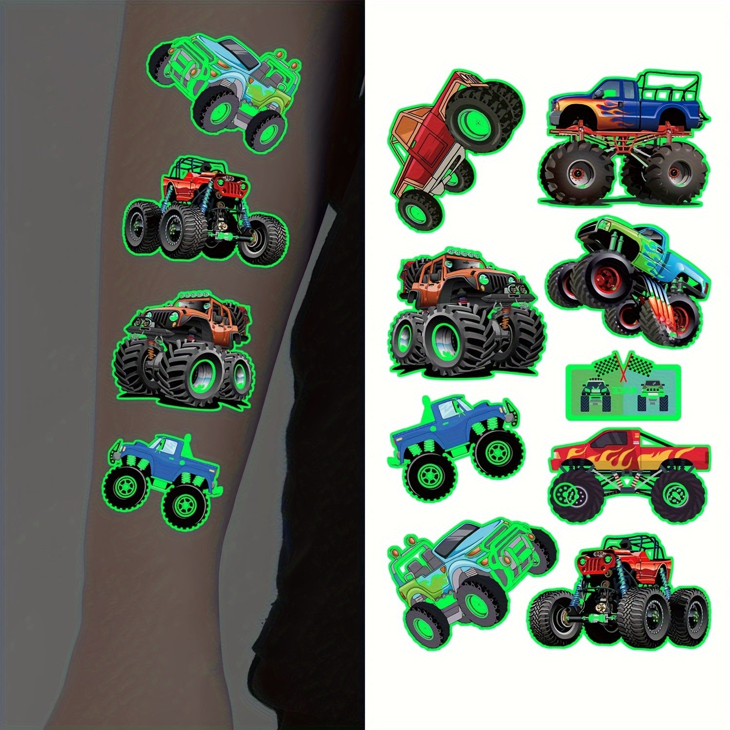 10 Pack Glow in the Dark Monster Truck Temporary Tattoos