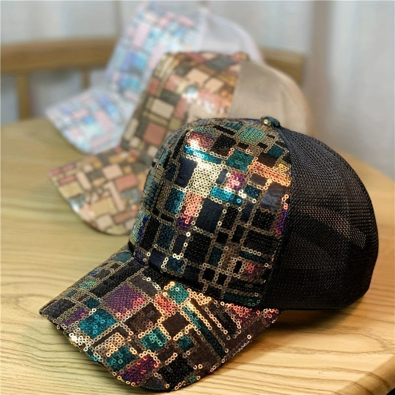 Plaid Sequins Baseball Cap Y2K Hip Hop Mesh Trucker Hat Unisex