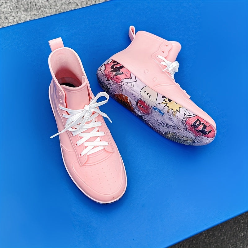 Pink Waterproof Lace-Up Platform Rain Boots for Women