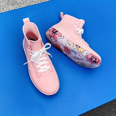 Pink Waterproof Lace-Up Platform Rain Boots for Women