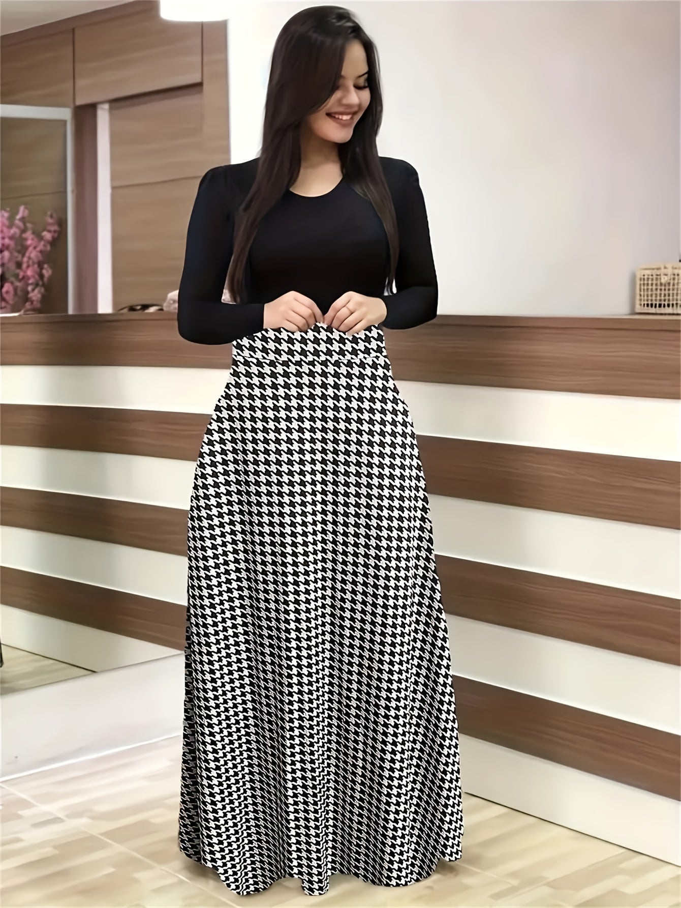  Colorblock Long Sleeve Maxi Dress