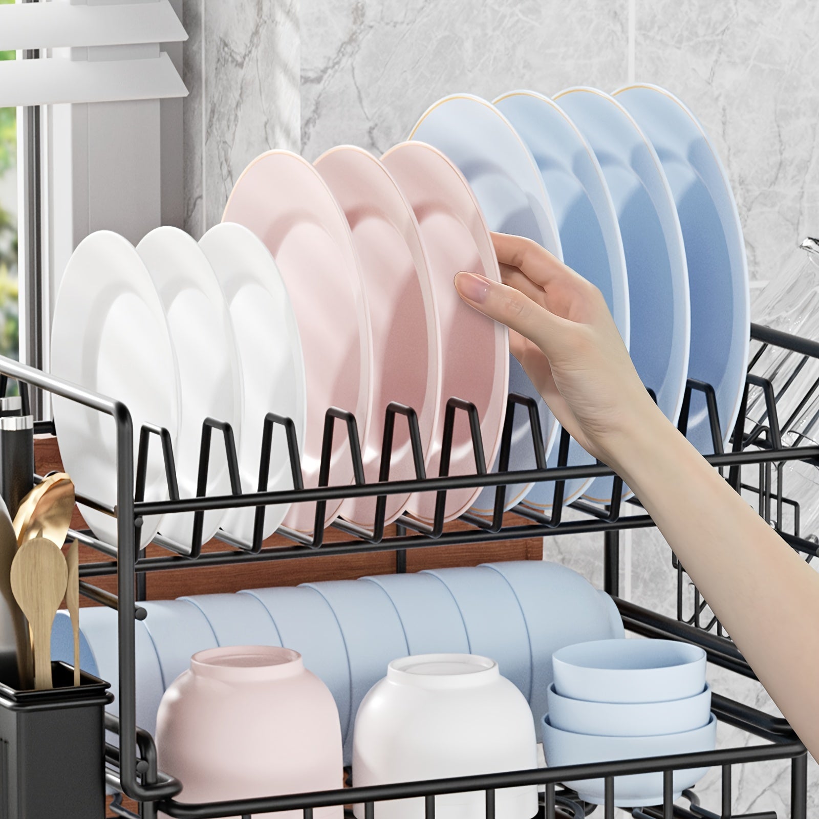 3 Tier Dish Drying Rack with Utensil Holder & Tray