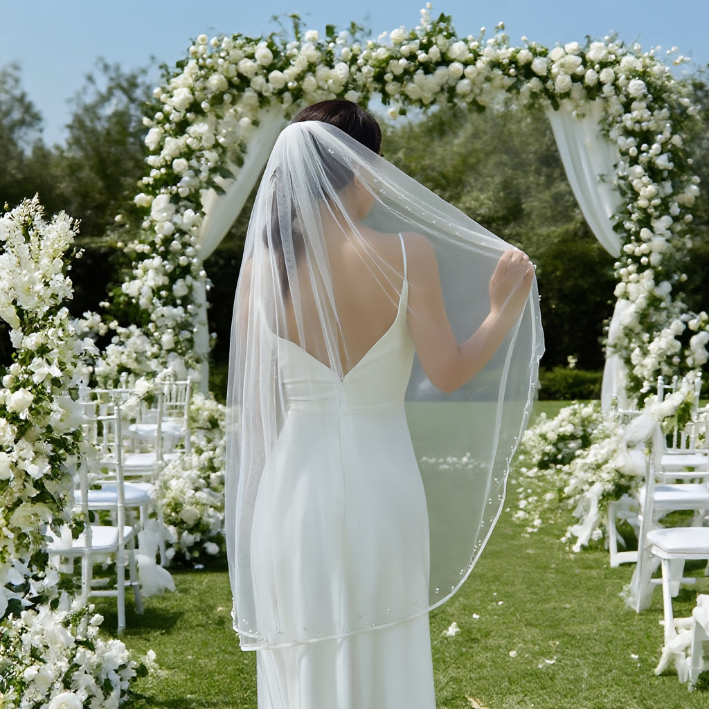 Satin Bridal Veil with Faux Pearl Embellishments Romantic Style