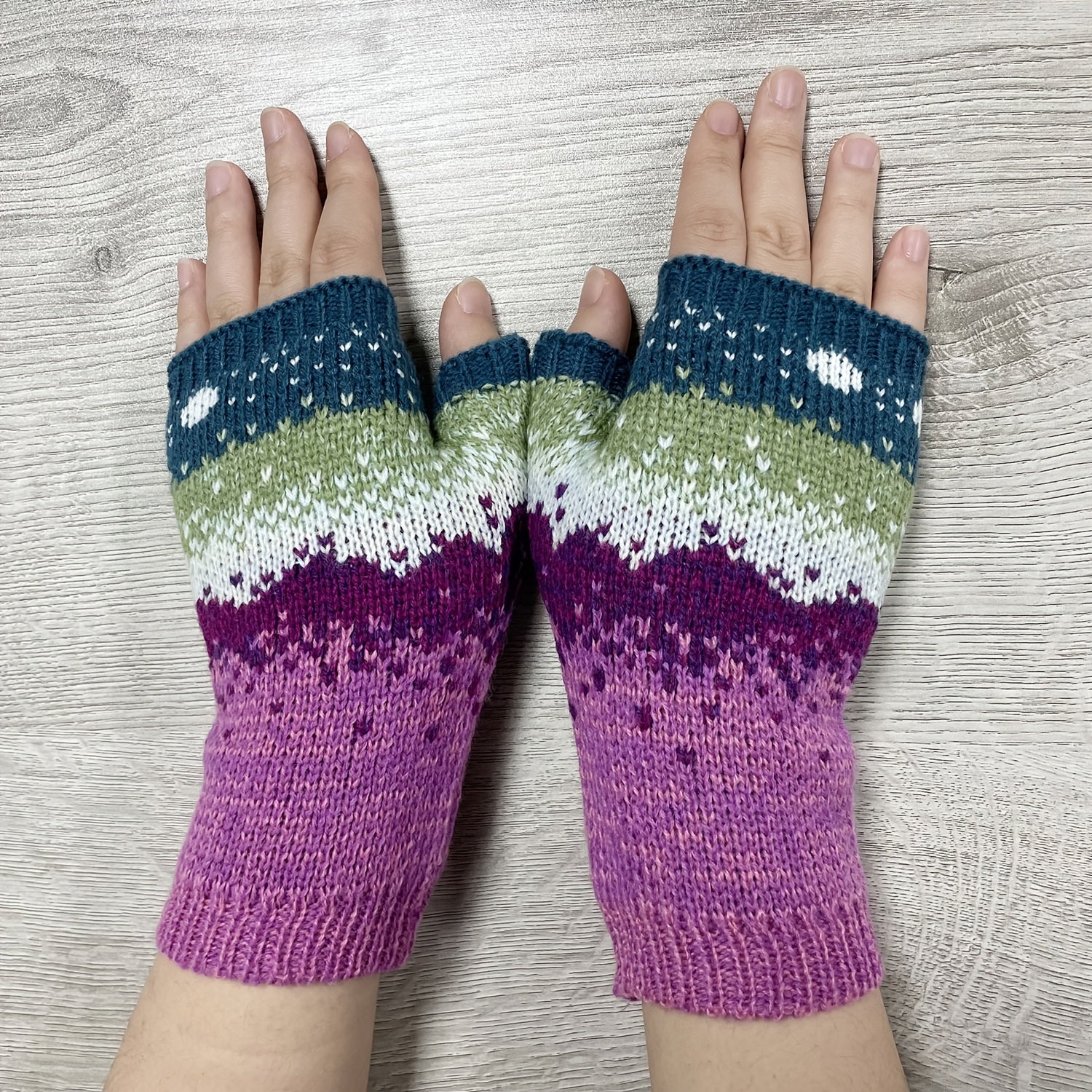 Gradient Knit Gloves Moon Jacquard Half Finger Warm Gloves For Women