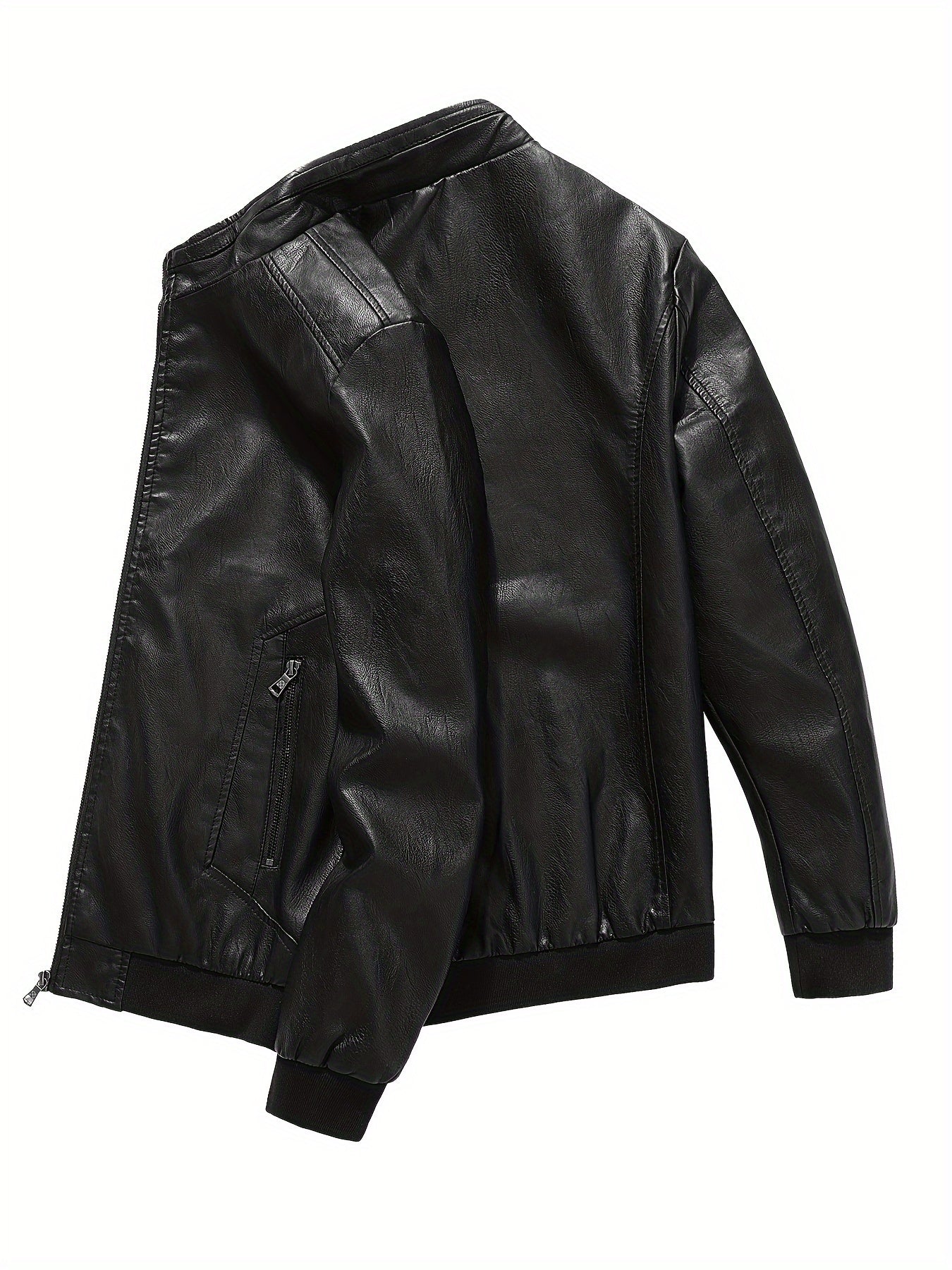 Men's Stylish PU Leather Jacket Zip Up Long Sleeve Jacket