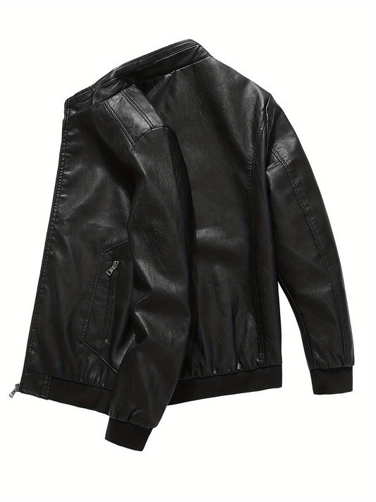 Men's Stylish PU Leather Jacket Zip Up Long Sleeve Jacket
