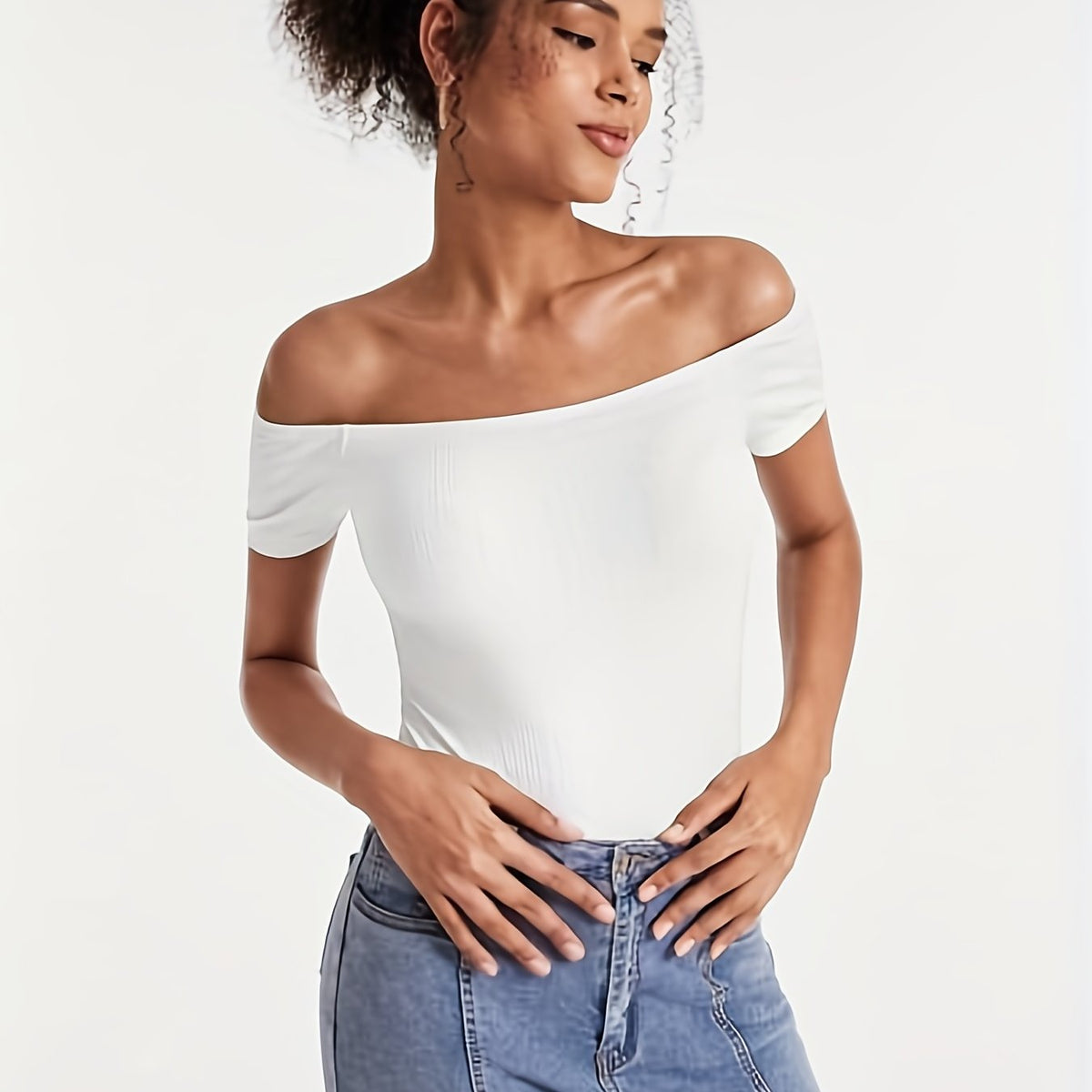 Off Shoulder Solid Bodysuit - Summer Casual Women's Clothing
