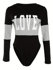 Block Letter Print Bodysuit Long Sleeve Sexy One-Piece
