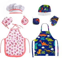 Kids 4pcs Play Kitchen Set with Pink Cake & Dinosaur Aprons