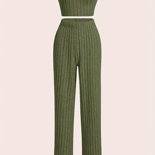 Y2K Ribbed Knit Two-piece Set Off Shoulder Crop Top & High Waist Pants