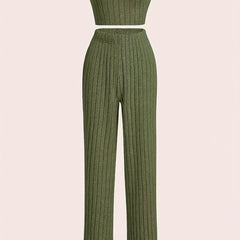 Y2K Ribbed Knit Two-piece Set Off Shoulder Crop Top & High Waist Pants