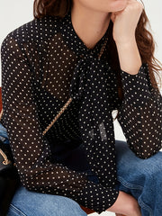  Women's Dot Print Chiffon Long Sleeve Blouse Tie Neck Top