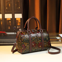 Vintage Floral Boston Bag Large Capacity Handbag Deep Brown