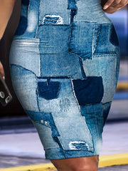  Denim Print Square Neck Tank Dress