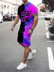 2pcs Men's Block & King Print T-shirt & Stretch Shorts for Outdoor