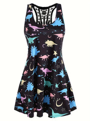  Dinosaur Print Casual Tank Dress with Lace Panel