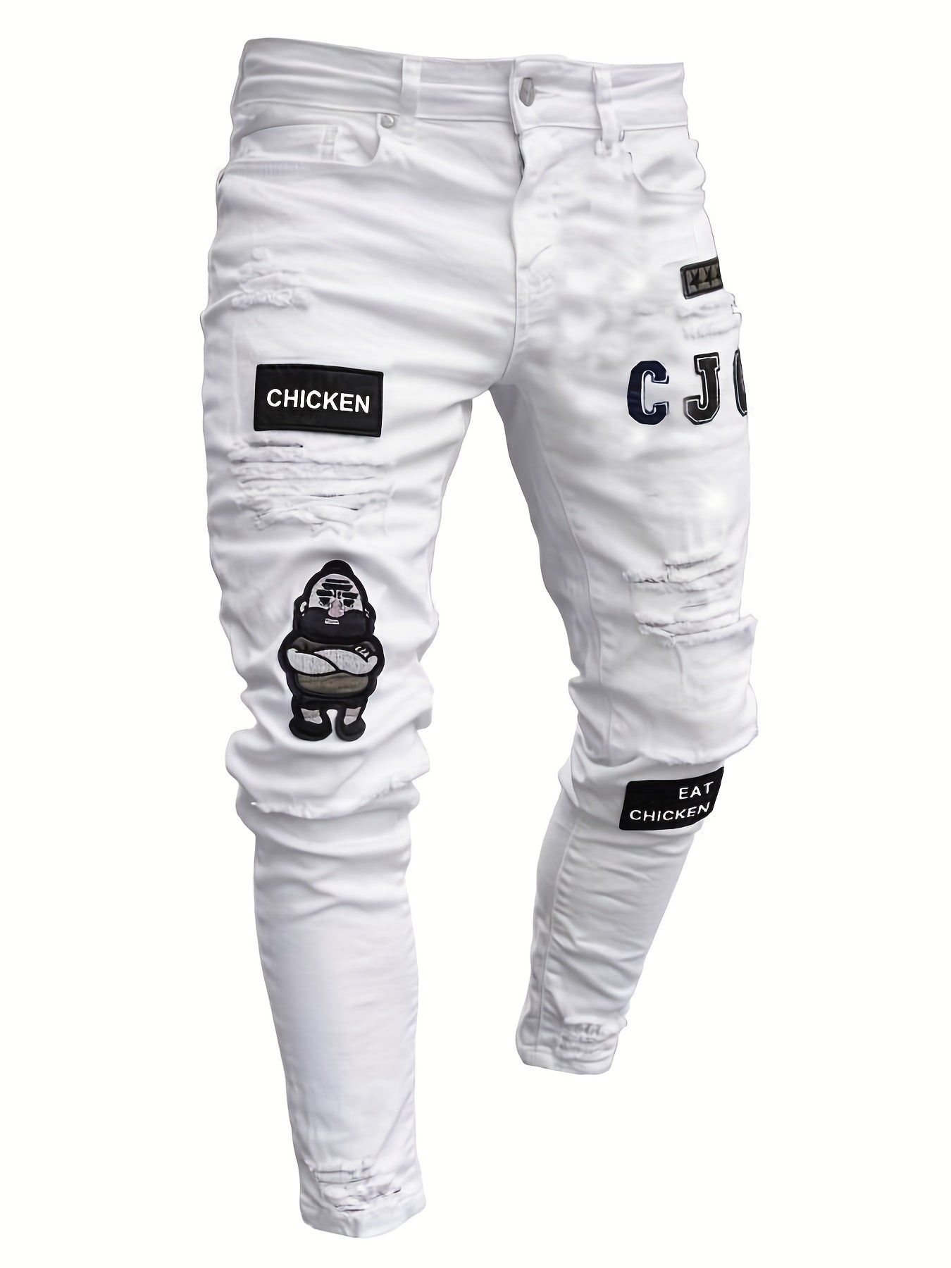 Letter Print Slim Fit Ripped Jeans Distressed Denim Pants