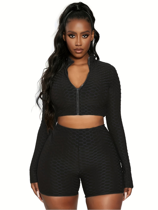  Sports Outfits Set Women's Plus Textured Crop Top & Biker Shorts Set