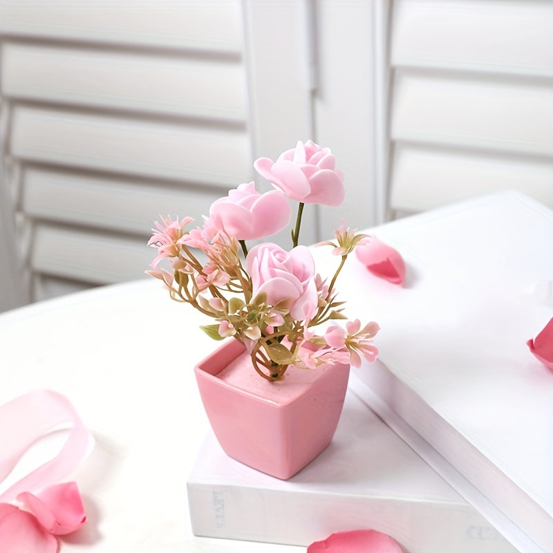 5pcs Artificial Flower Green Plant with Pink Flower Small Potted Plant