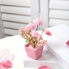 5pcs Artificial Flower Green Plant with Pink Flower Small Potted Plant