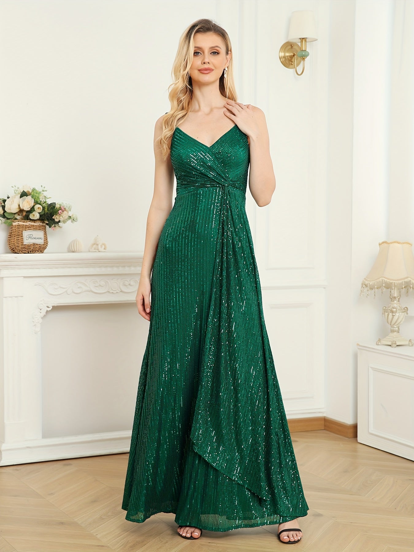 Sequined Bridesmaid Strap Dress Surplice Neck Twist Front Dress