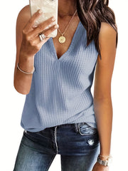 Waffle Knitted V Neck Tank Top for Summer Women