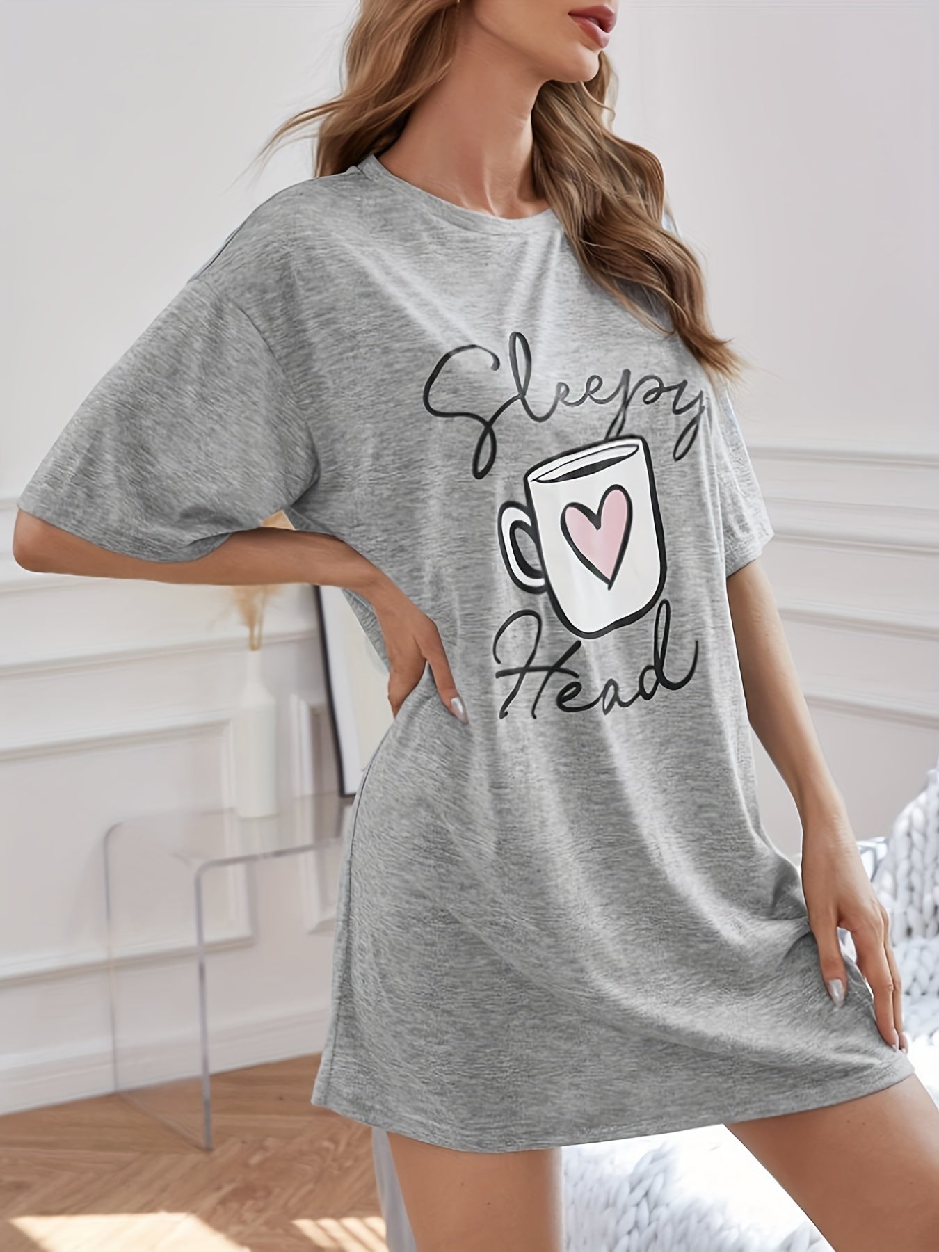 Cup & Letter Print NightDress Short Sleeve Crew Neck Pajama Dress
