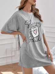Cup & Letter Print NightDress Short Sleeve Crew Neck Pajama Dress