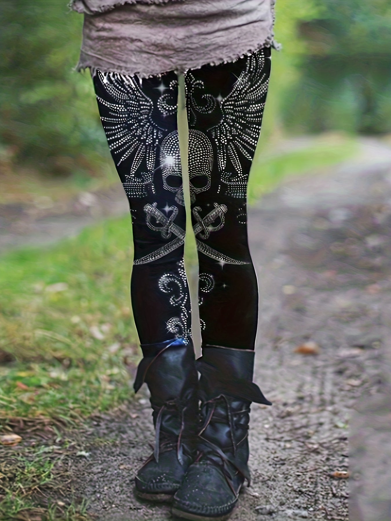  Goth Pants Women's Skull Wing Sword High Rise Skinny