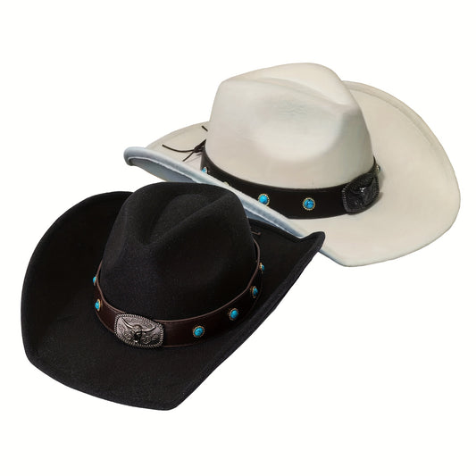 Vintage Turquoise Fedora Cap with Bull Head Belt Decor