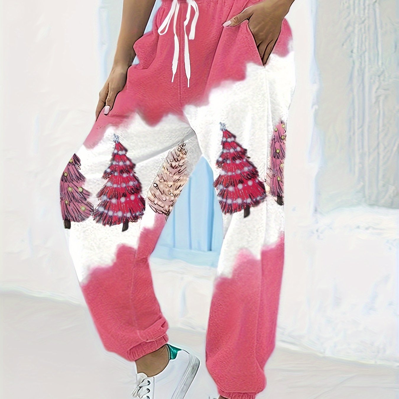  Christmas Tree Print Bow Front Stretch Joggers