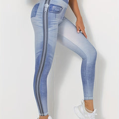 Denim Printed Slim Leggings High Waist Women's Clothing