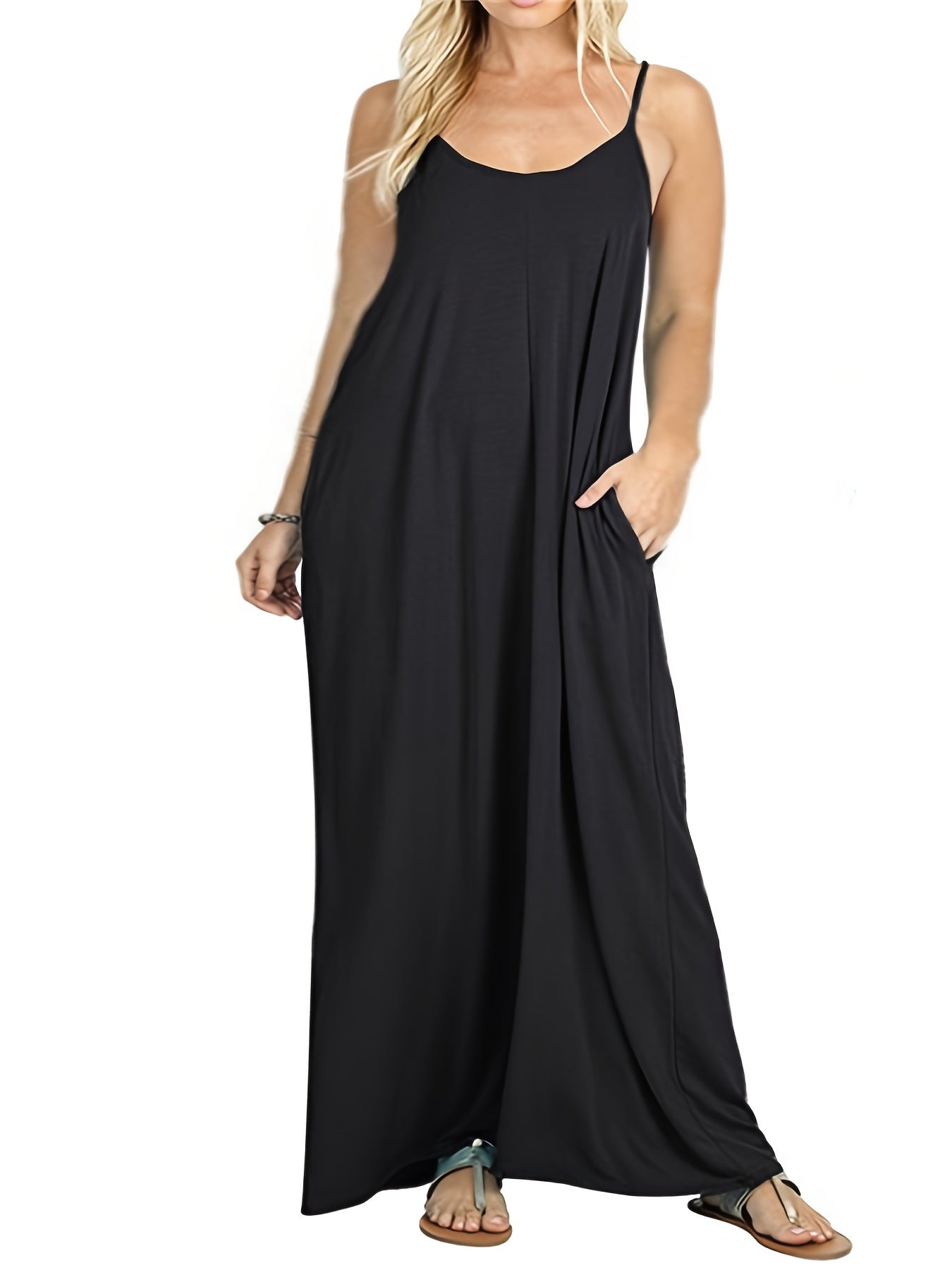  Plain Round Neck Maxi Dress With Pockets