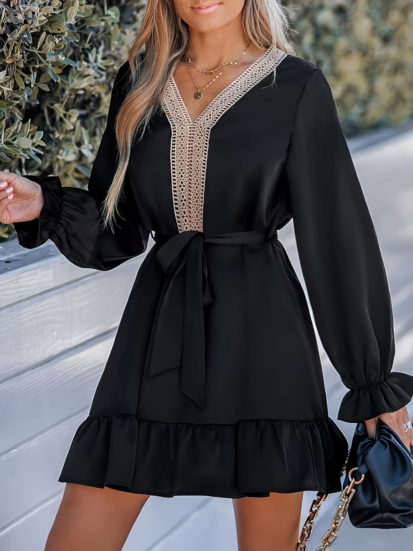  Dress Solid Applique Flounce Sleeve V Neck Ruffle Trim