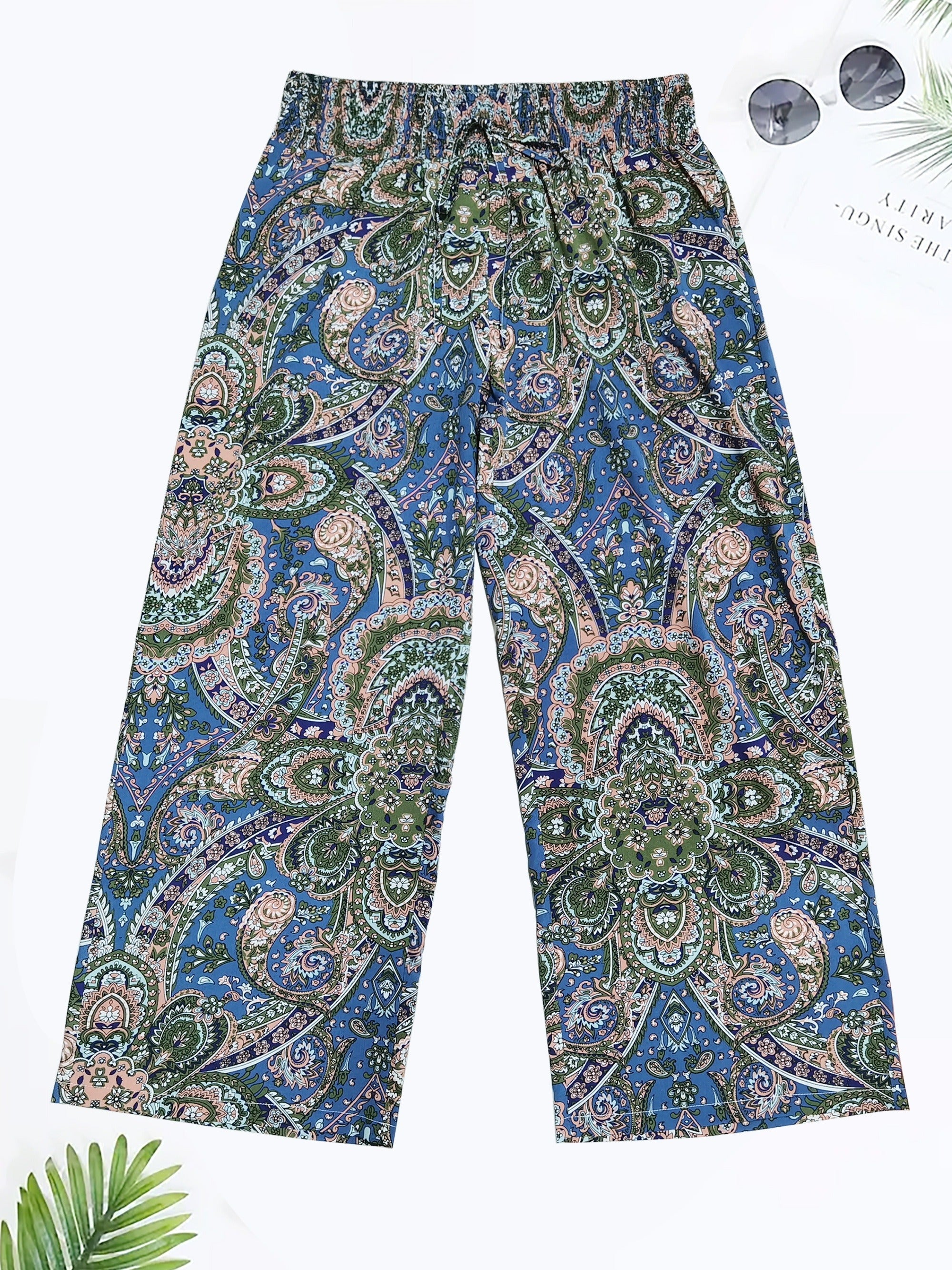  Geometric Print Drawstring Wide Leg Pants