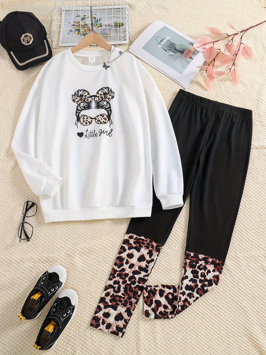 Girls Leopard Print Sweatshirt Top & Leggings Set for Kids