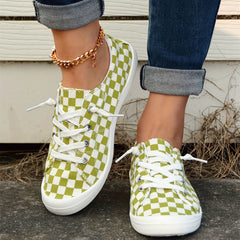 Women's Green Grid Lace Up Shoes Comfy & Lightweight Canvas Shoes