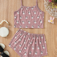 Girls Rabbit Print Pajama Set Cami Top and Shorts