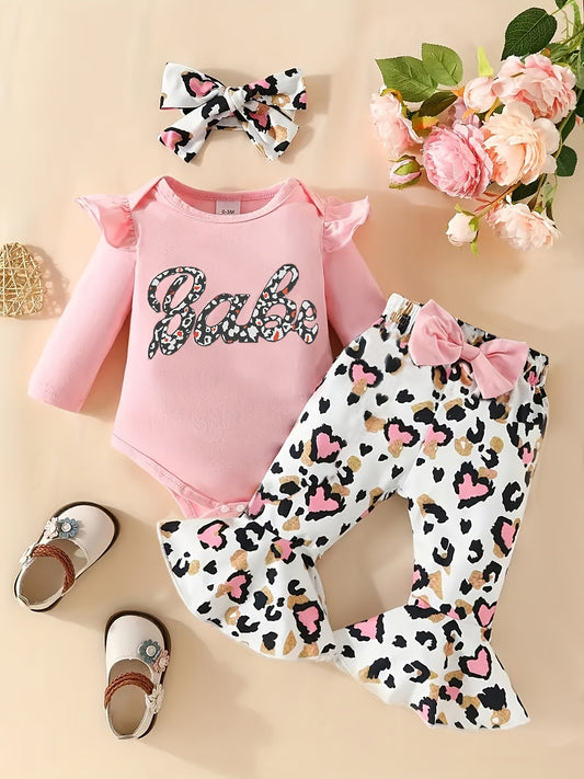 3pcs Baby Girls Letter Print Onesie Romper & Leopard Print Pants Set