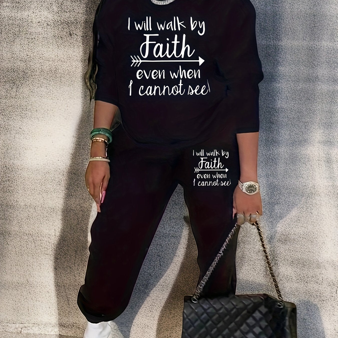  Women's Slogan Print Sweatshirt & Jogger Sweatpants Outfits