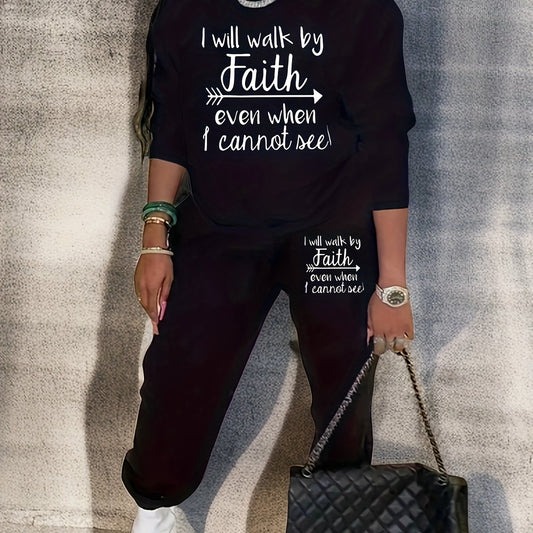  Women's Slogan Print Sweatshirt & Jogger Sweatpants Outfits